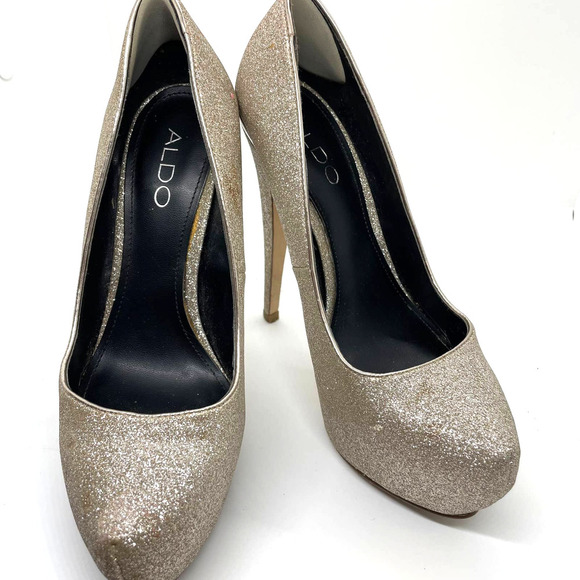 Aldo Gold Glitter Platforms Ultra High Heel Platform Sparkle Shoe Size 7 - Picture 2 of 9